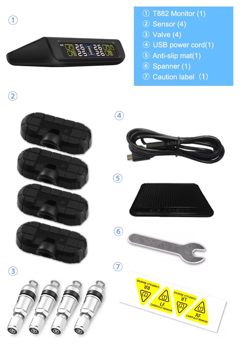 T882-NF+ 4-Tyres Wireless Solar TPMS for Vehicles - Internal Sensors - Image 3